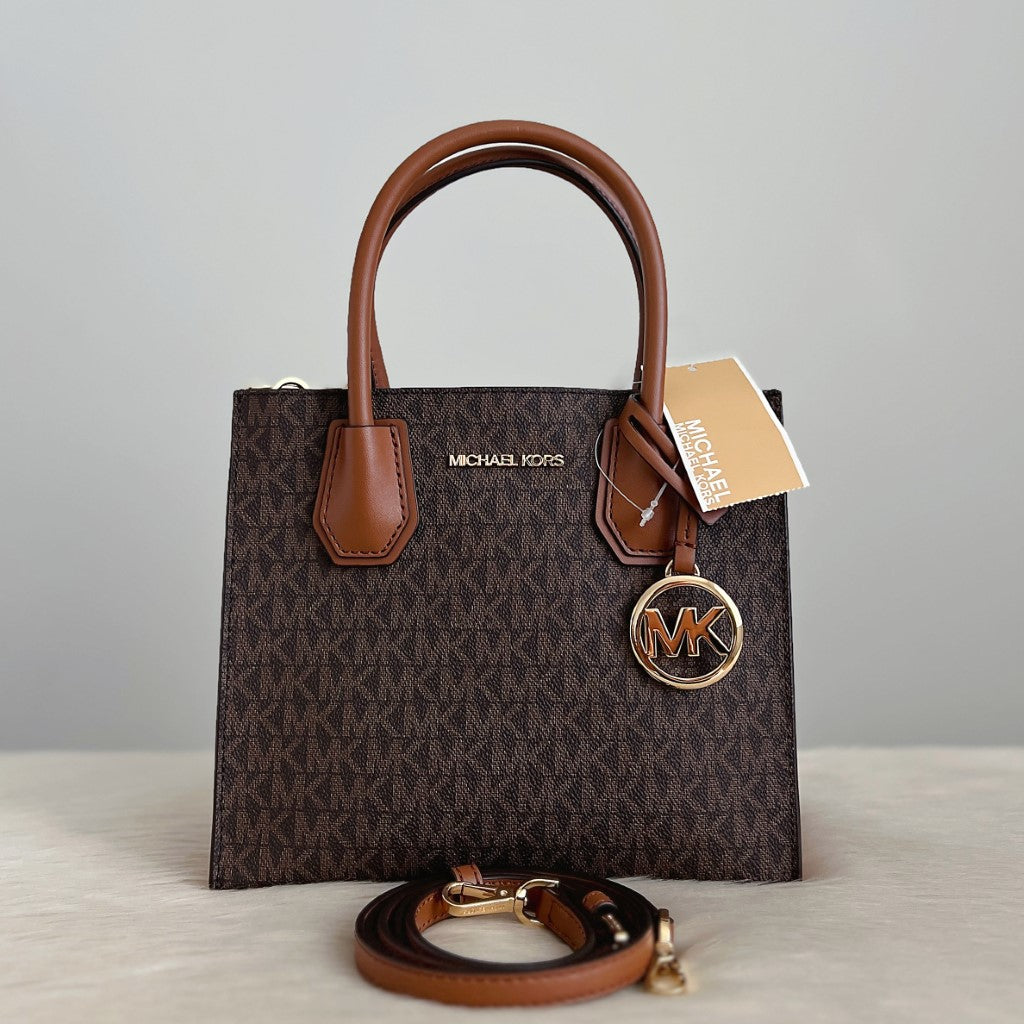 Michael Kors Caramel Leather Monogram MK Charm 2 Way Shoulder Bag New with Tags