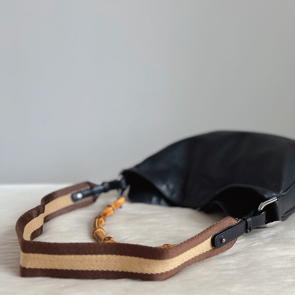 Gucci Classic Black Leather Bamboo Slouchy 2 Way Shoulder Bag Excellent