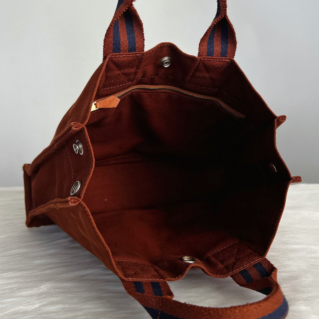 Hermes Brown Signature Stripe Detail Canvas Tote Bag Excellent