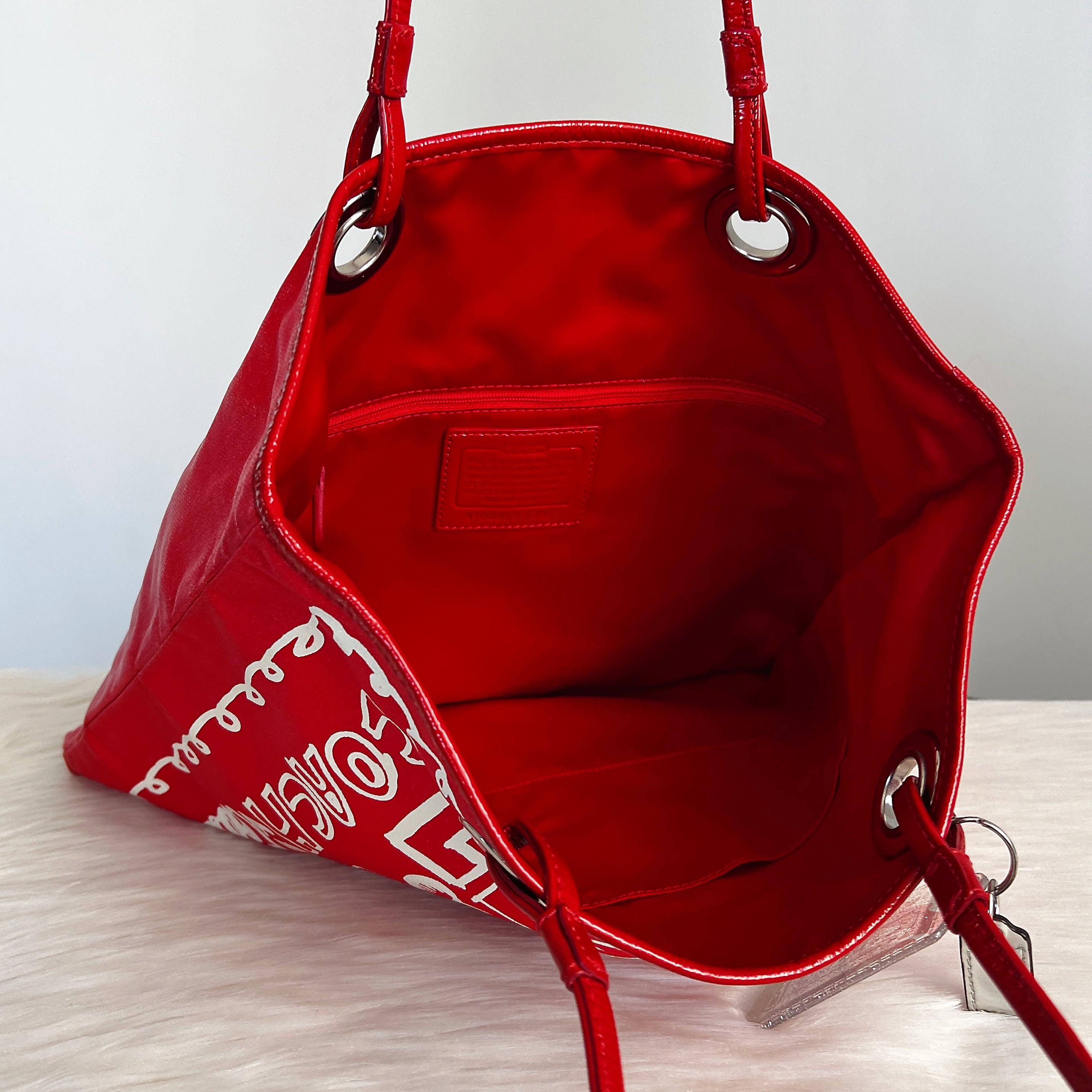 Coach Red Leather Trim Front Pattern Carryall Shoulder Bag Like New