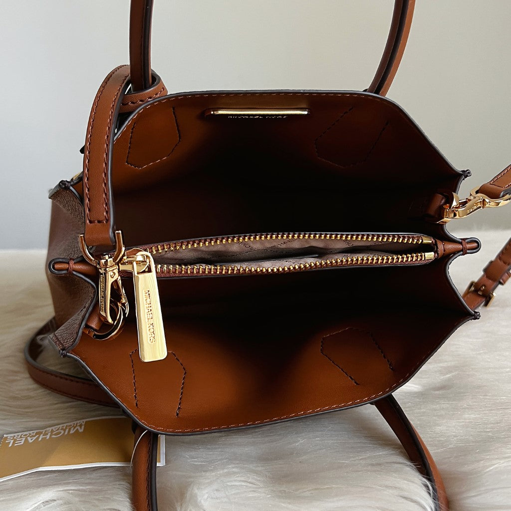 Michael Kors Caramel Leather Monogram MK Charm 2 Way Shoulder Bag New with Tags