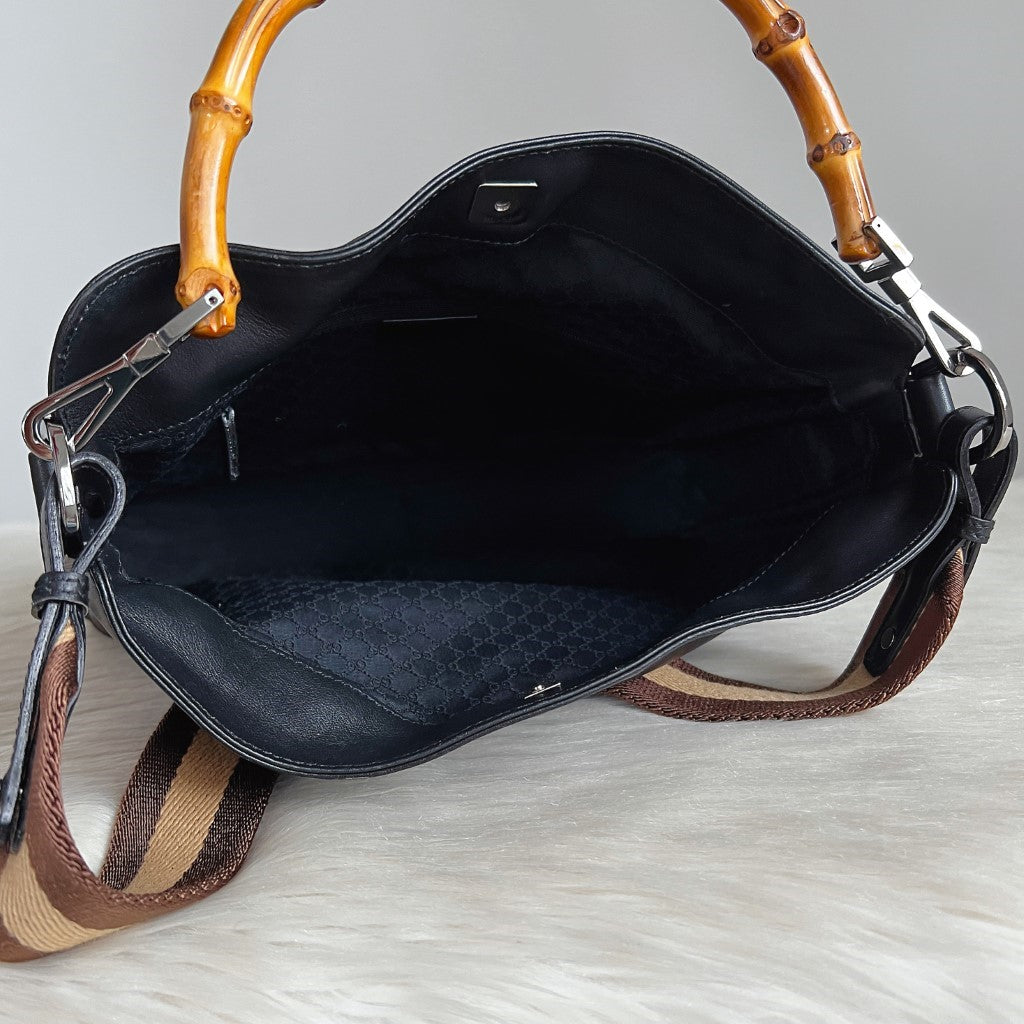 Gucci Classic Black Leather Bamboo Slouchy 2 Way Shoulder Bag Excellent