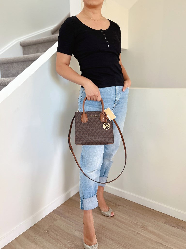 Michael Kors Caramel Leather Monogram MK Charm 2 Way Shoulder Bag New with Tags