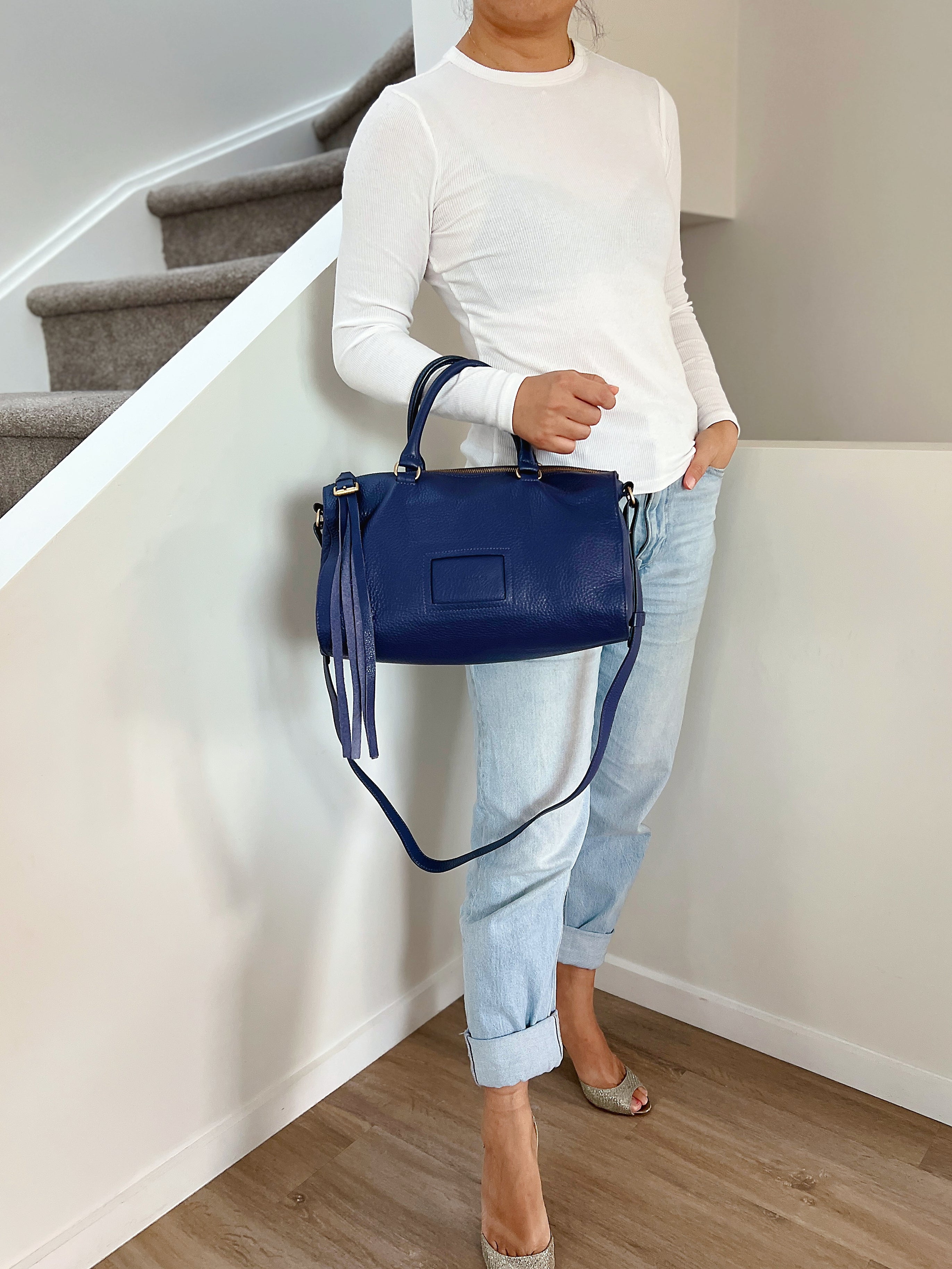 See by Chloe Smoky Blue Leather Tassel Detail Boston 2 Way Shoulder Bag Excellent