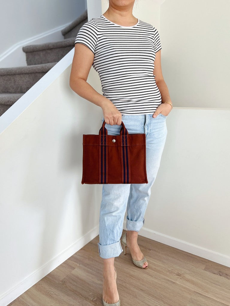 Hermes Brown Signature Stripe Detail Canvas Tote Bag Excellent