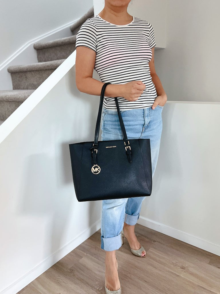 Michael Kors Black Leather MK Charm Oversized Shoulder Bag Excellent