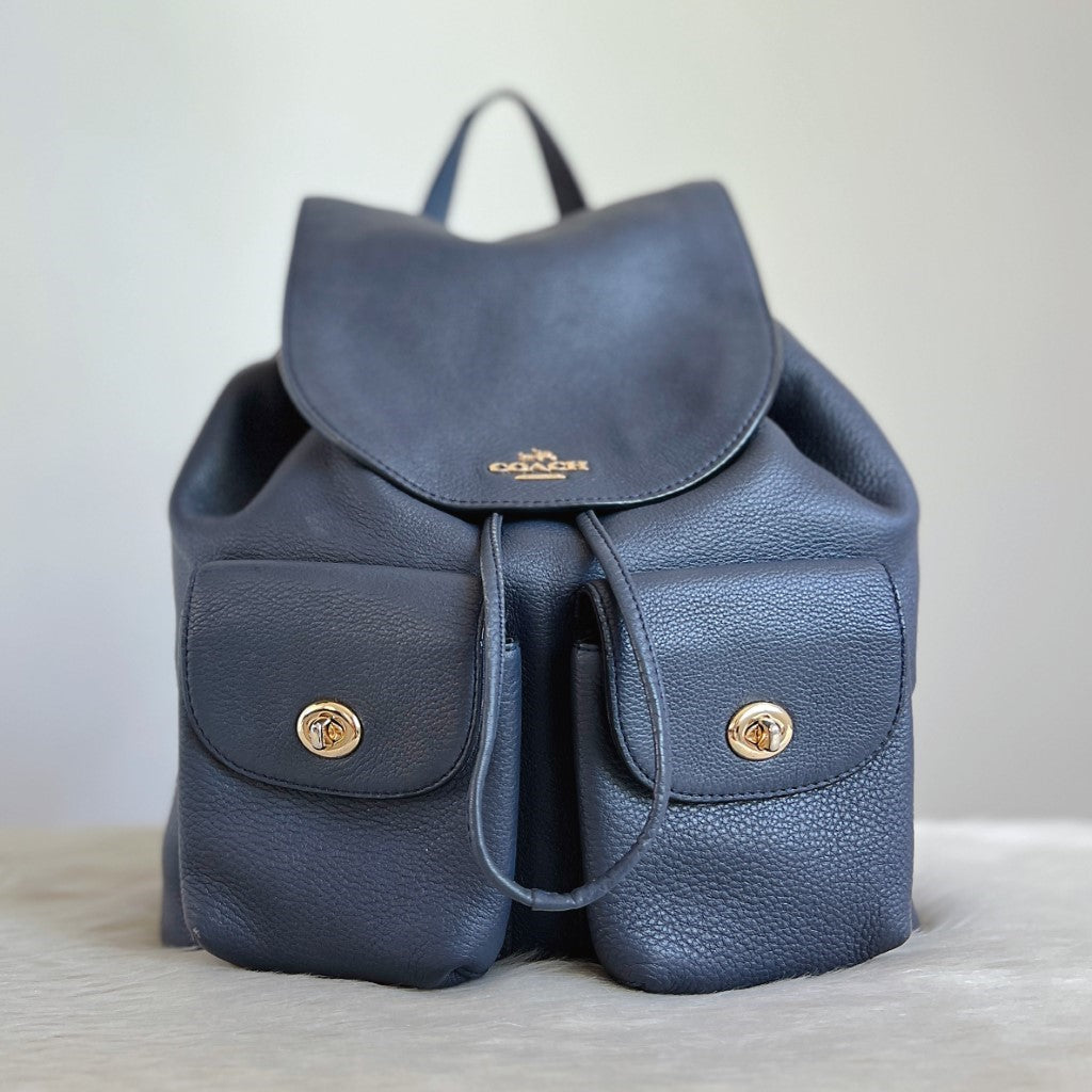 Coach Navy Leather Turn Lock Pocket Drawstring Backpack Like New