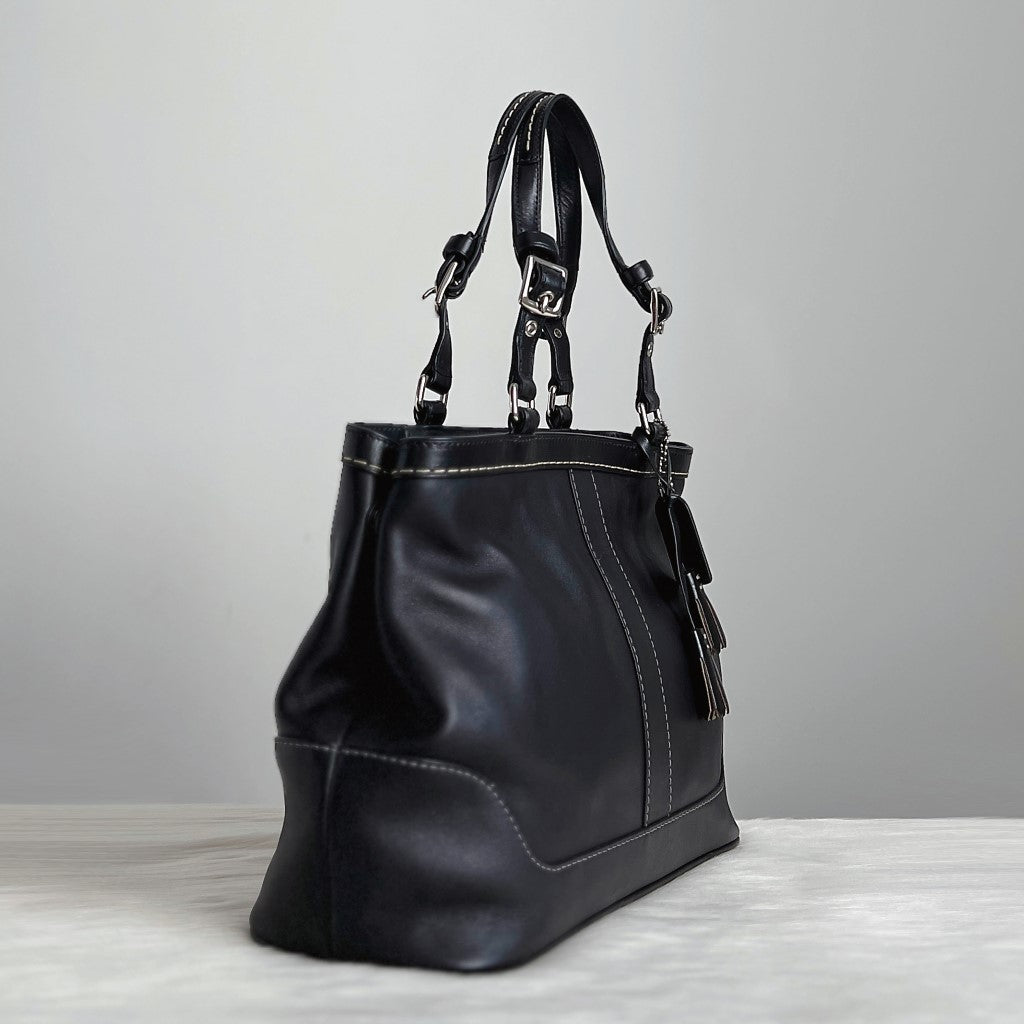 Coach Black Leather Tassel Charm Detail Tote Shoulder Bag Excellent