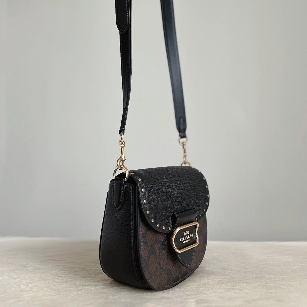 Coach Black Leather Monogram Studded Detail Crossbody Shoulder Bag Like New