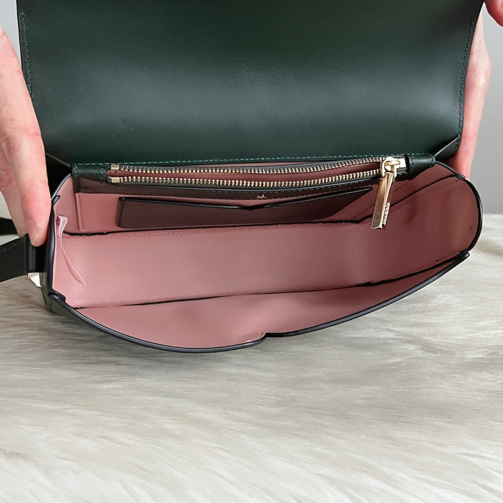 Kate Spade Dark Green Leather Heart Trun Lock Crossbody Shoulder Bag Excellent