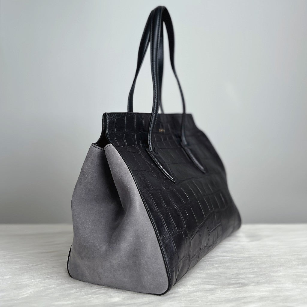 Max Mara Black Crocodile Print Leather Suede Patchwork Shoulder Bag + Pouch Like New