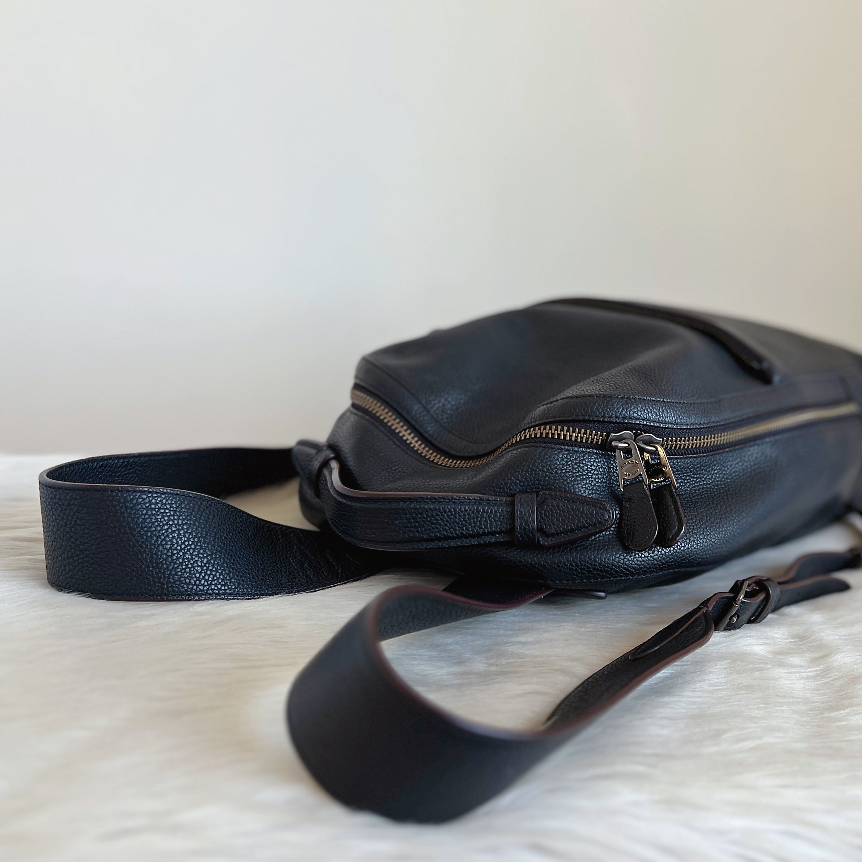 Coach Black Leather Front Zip Pocket Unisex Backpack Excellent