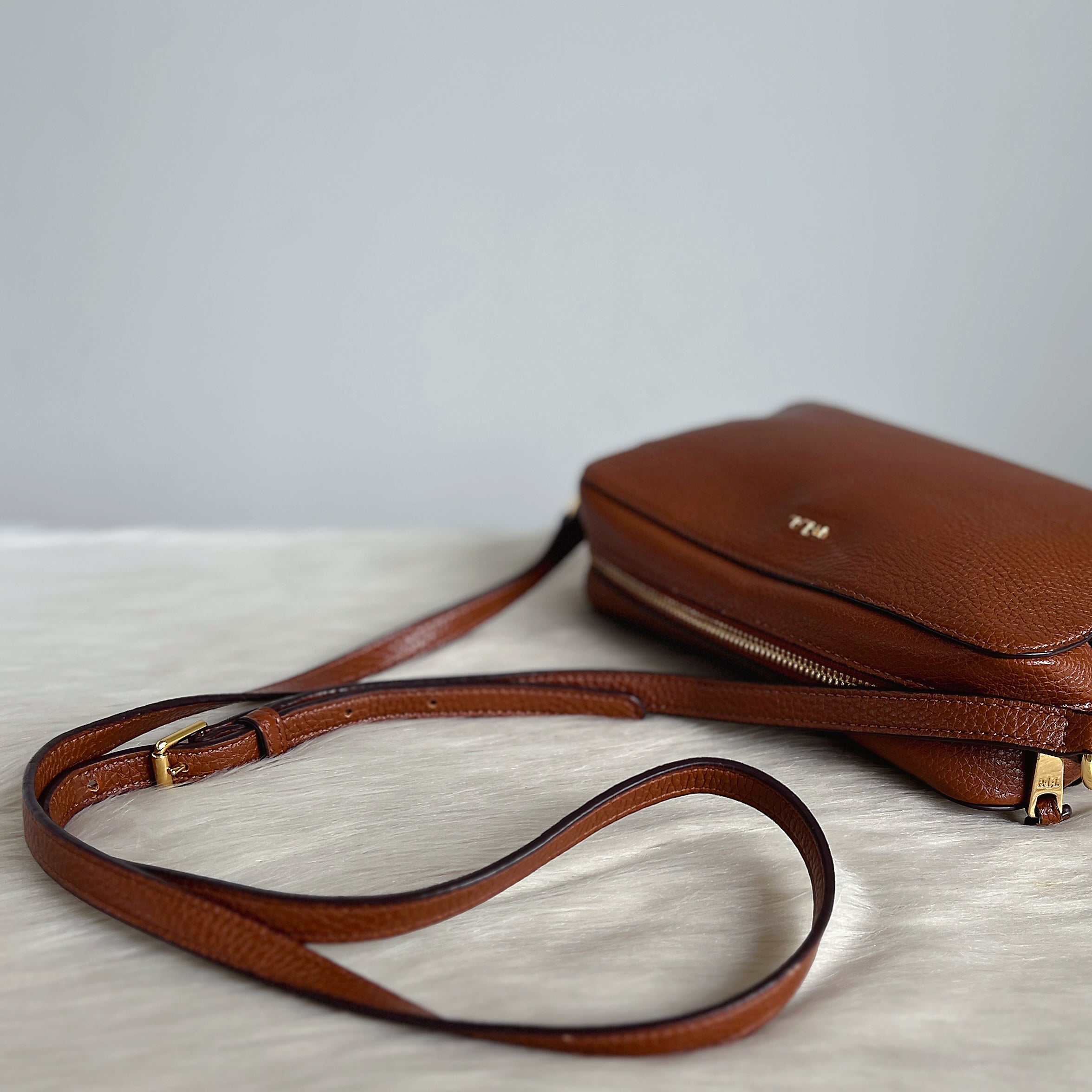Ralph Lauren Caramel Leather Front Logo Crossbody Shoulder Bag