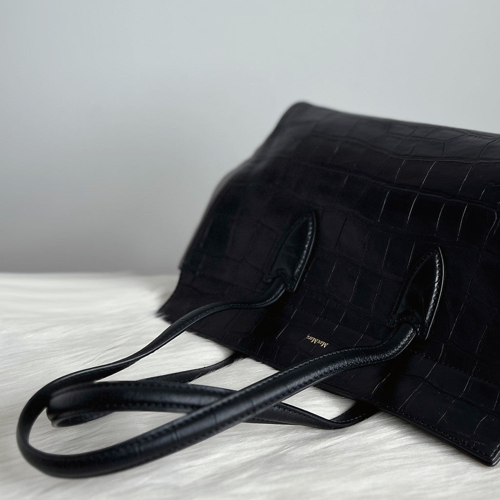 Max Mara Black Crocodile Print Leather Suede Patchwork Shoulder Bag + Pouch Like New