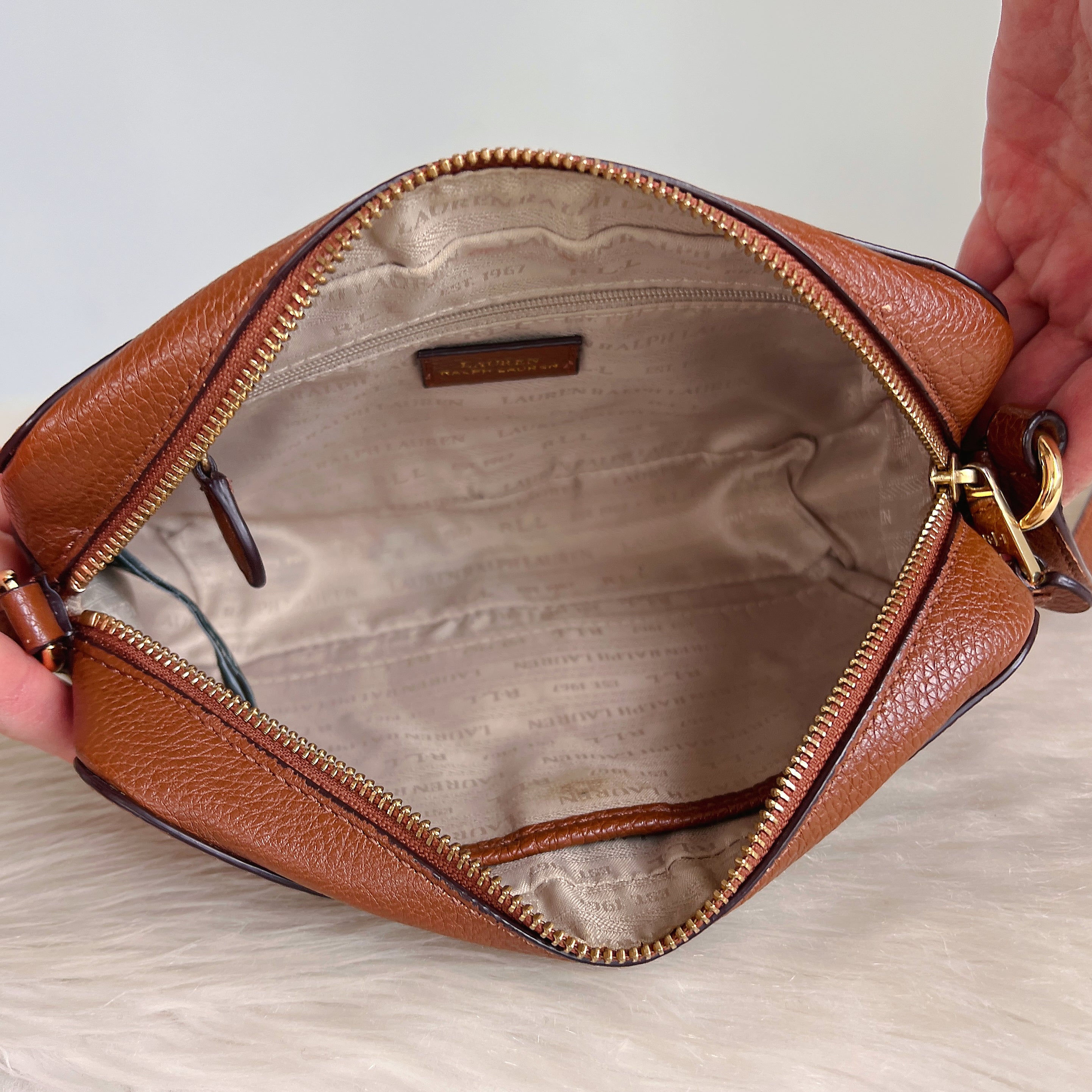 Ralph Lauren Caramel Leather Front Logo Crossbody Shoulder Bag