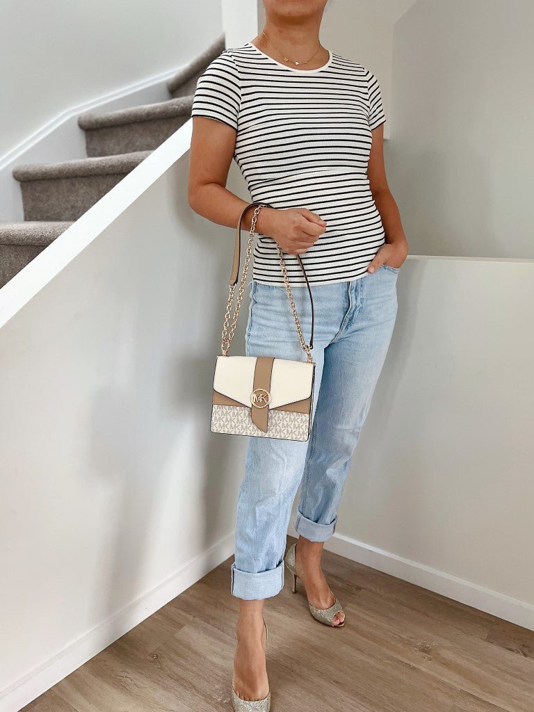 Michael Kors Two Tone Leather Monogram Patchwork 3 Way Shoulder Bag Like New