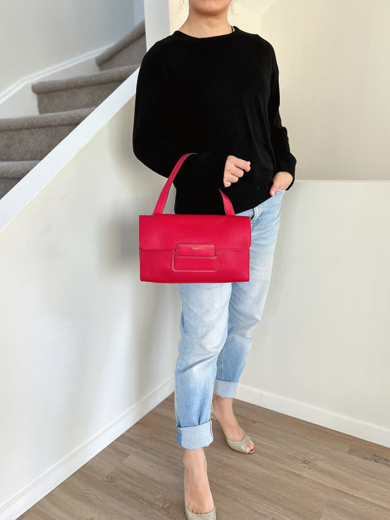 Furla Red Leather Front Logo Buckle Shoulder Bag Like New