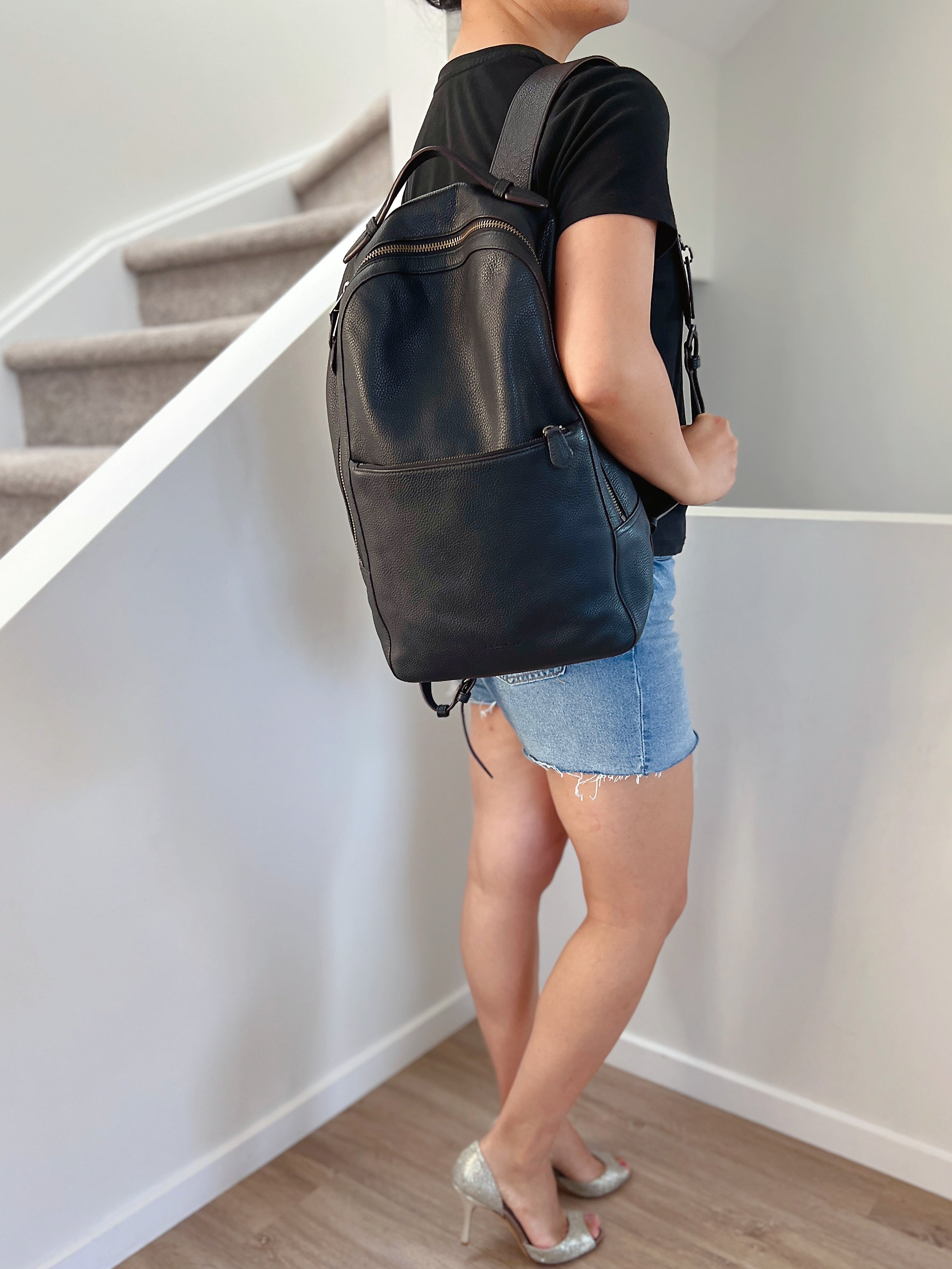 Coach Black Leather Front Zip Pocket Unisex Backpack Excellent