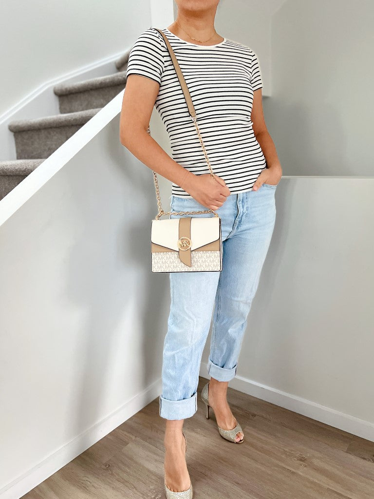 Michael Kors Two Tone Leather Monogram Patchwork 3 Way Shoulder Bag Like New