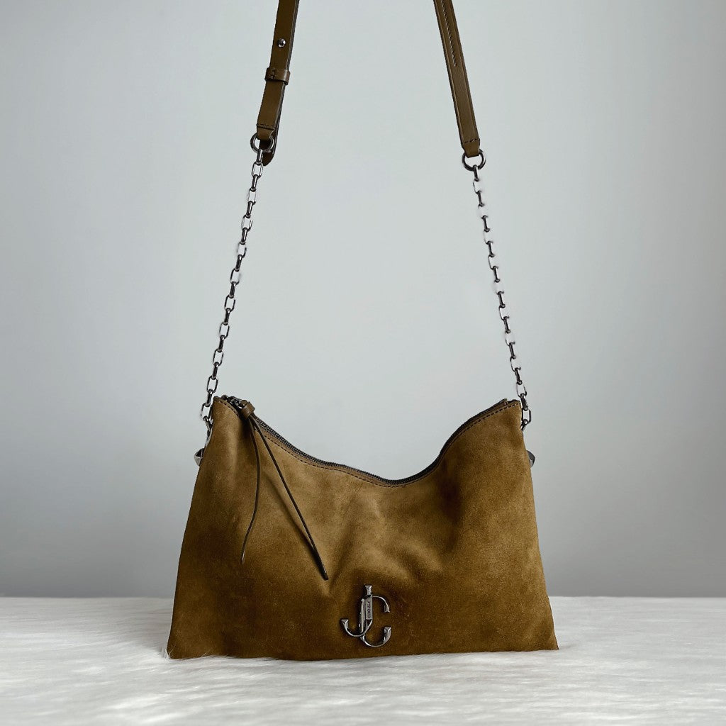Jimmy Choo Olive Suede Front Logo Chain Detail Crossbody Shoulder Bag Excellent