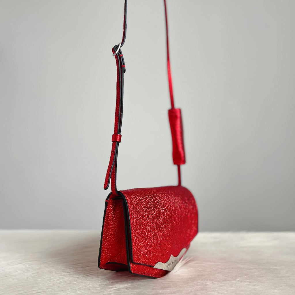 Calvin Klein Shiny Red Leather Crossbody Shoulder Bag + Pouch Like New