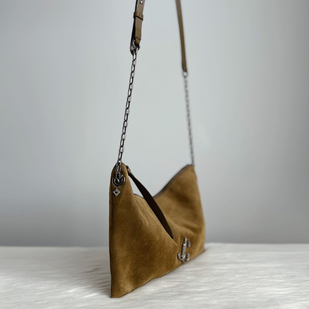 Jimmy Choo Olive Suede Front Logo Chain Detail Crossbody Shoulder Bag Excellent