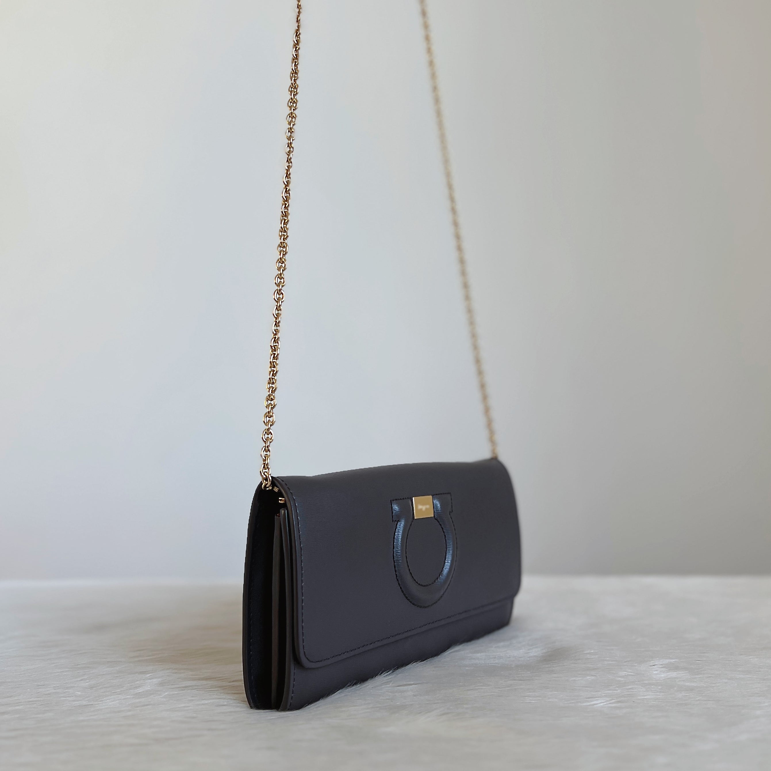 Salvatore Ferragamo Charcoal Leather Gold Chain Shoulder Bag Excellent