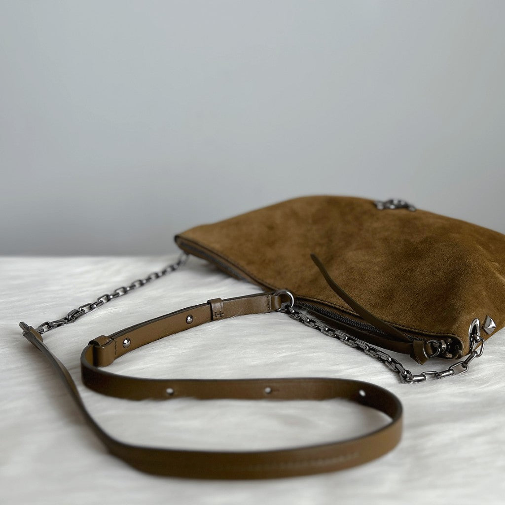 Jimmy Choo Olive Suede Front Logo Chain Detail Crossbody Shoulder Bag Excellent