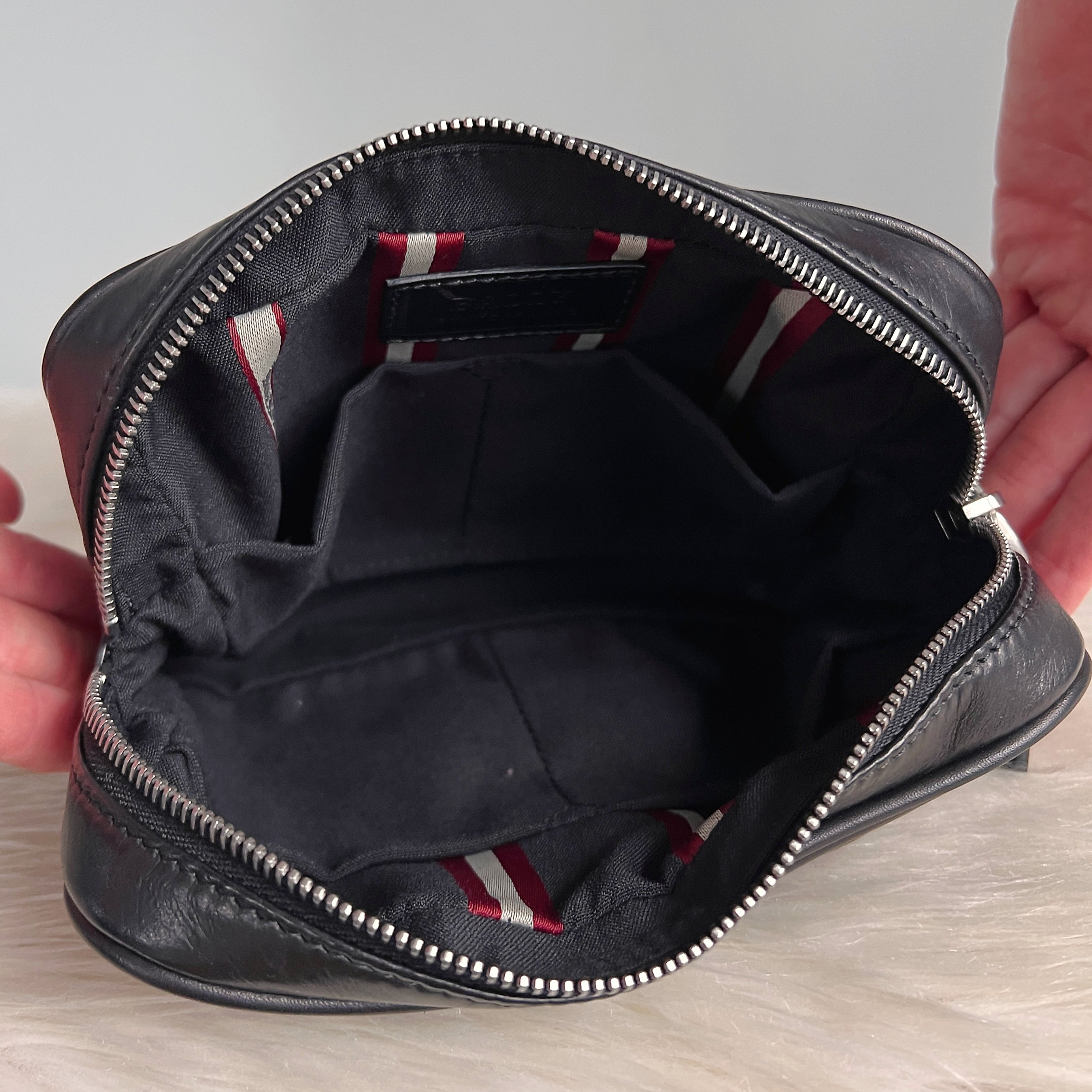 Bally Black Leather Stripe Strap Front Logo Bum Bag Excellent