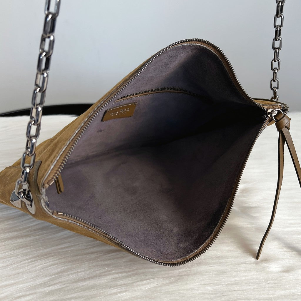 Jimmy Choo Olive Suede Front Logo Chain Detail Crossbody Shoulder Bag Excellent