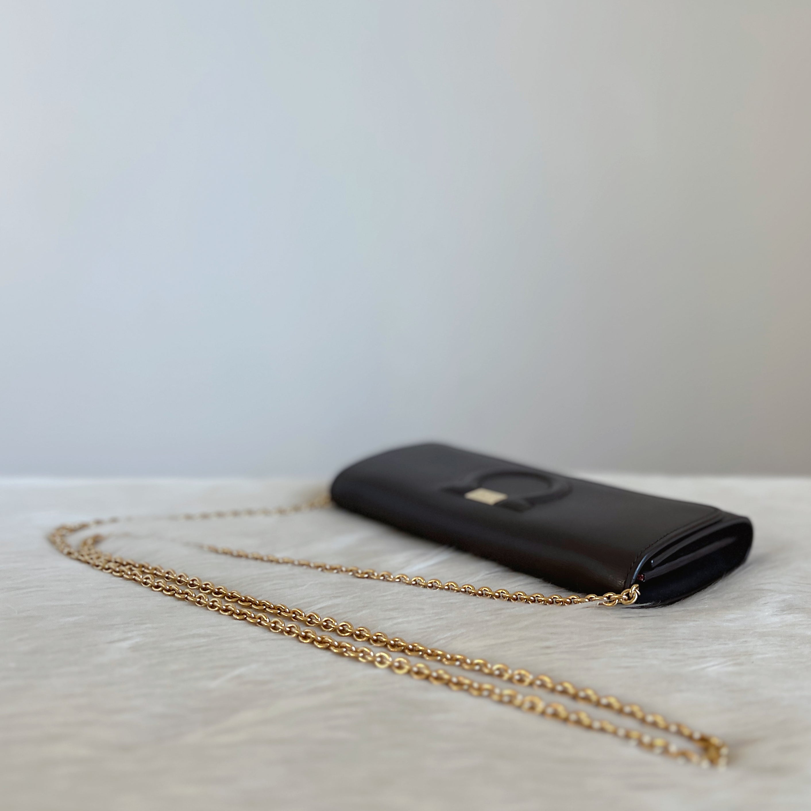 Salvatore Ferragamo Charcoal Leather Gold Chain Shoulder Bag Excellent