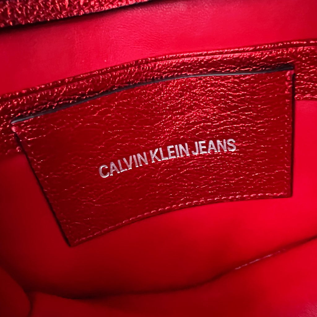 Calvin Klein Shiny Red Leather Crossbody Shoulder Bag + Pouch Like New
