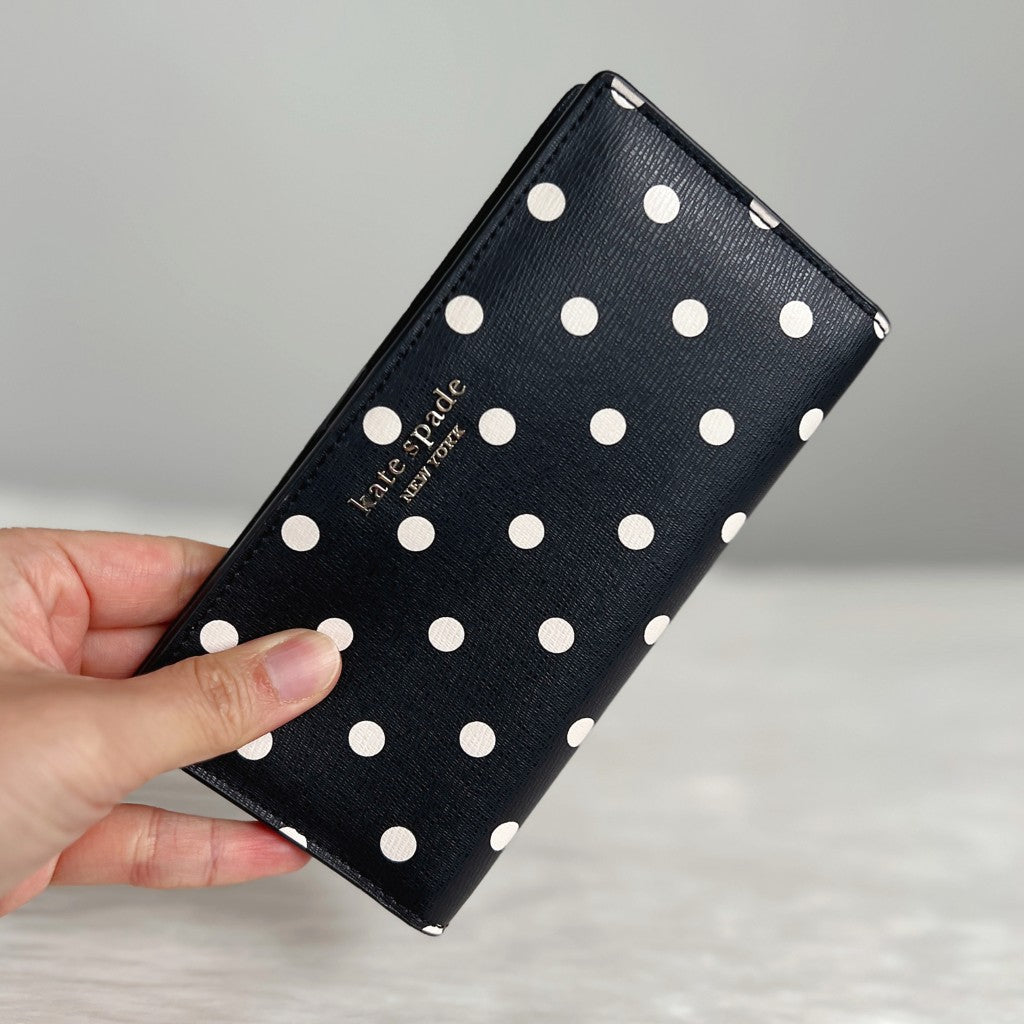 Kate Spade Black Leather Polka Dot Bi-Fold Long Wallet Like New