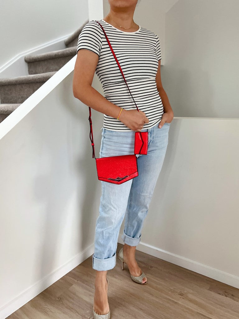 Calvin Klein Shiny Red Leather Crossbody Shoulder Bag + Pouch Like New