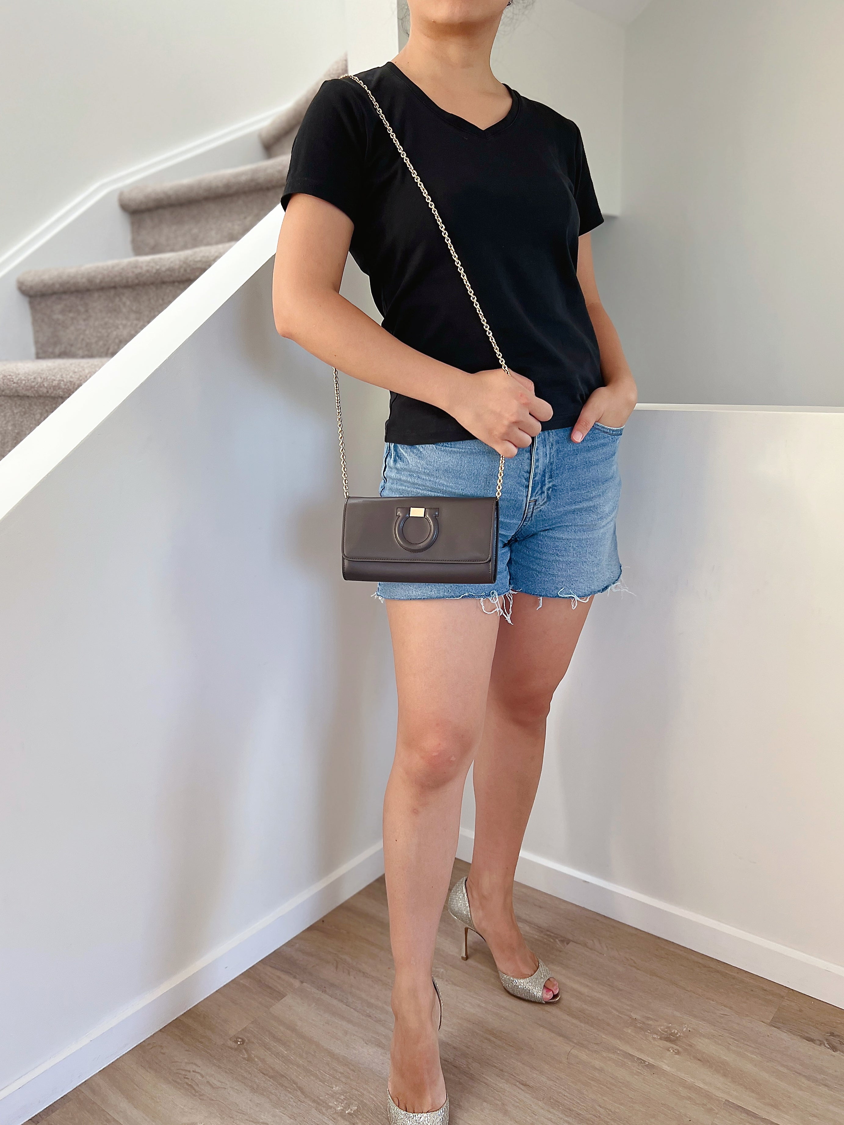 Salvatore Ferragamo Charcoal Leather Gold Chain Shoulder Bag Excellent