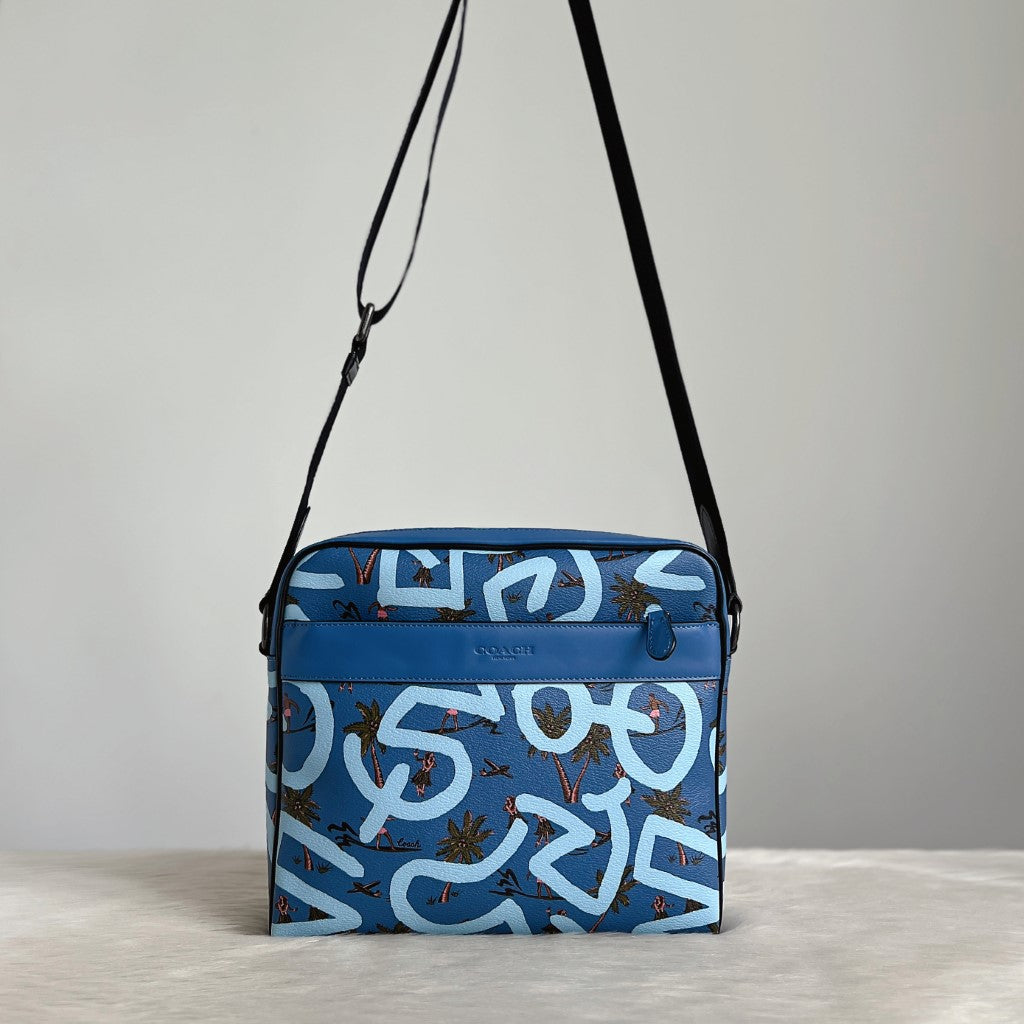 Coach Blue Leather Holiday Messenger Unisex Crossbody Shoulder Bag Like New