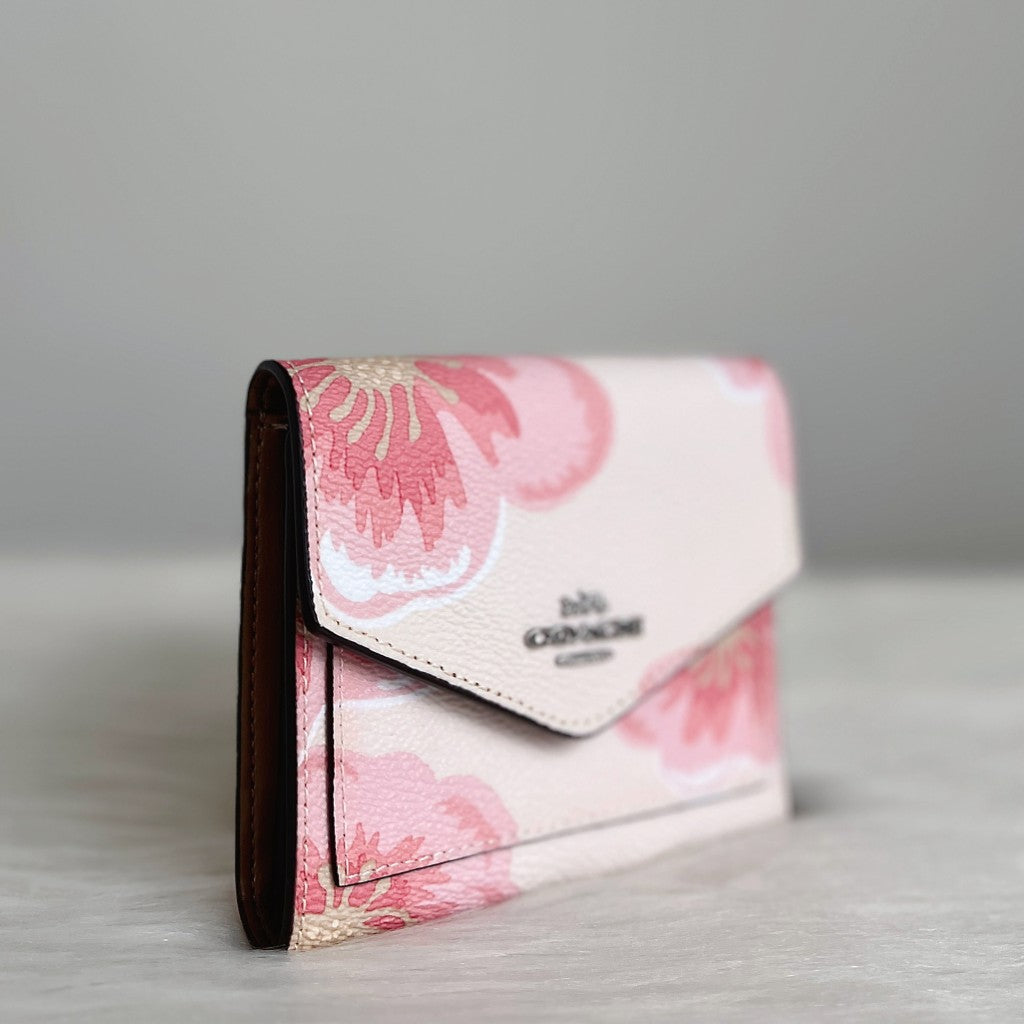 Coach Blush Pink Leather Floral Tri-Fold Multi-Compartment Short Wallet Like New