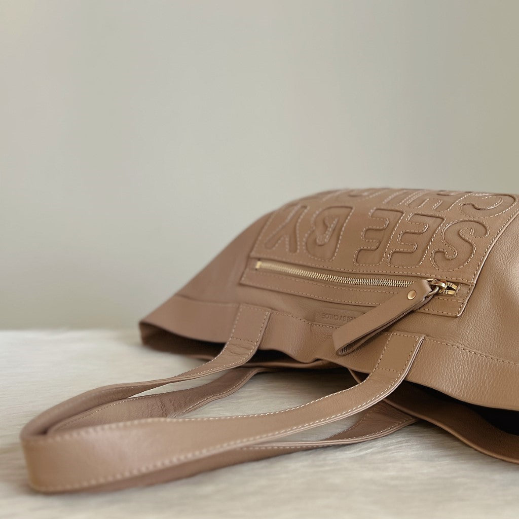See by Chloe Beige Leather Embossed Logo Detail Carryall Shoulder Bag Excellent