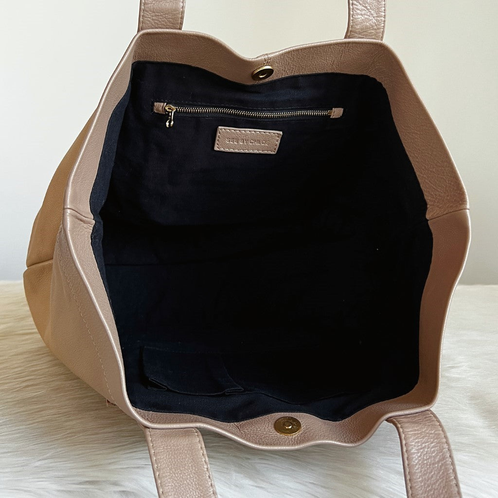 See by Chloe Beige Leather Embossed Logo Detail Carryall Shoulder Bag Excellent