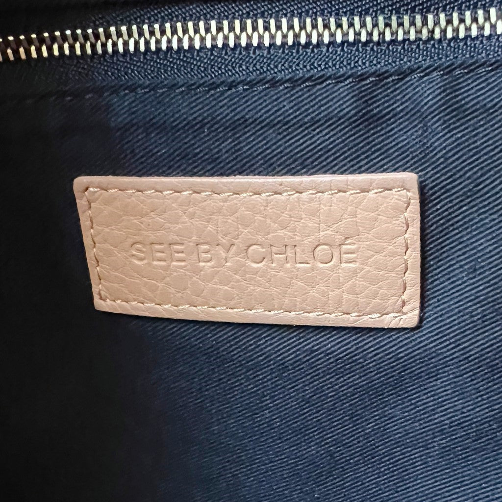 See by Chloe Beige Leather Embossed Logo Detail Carryall Shoulder Bag Excellent