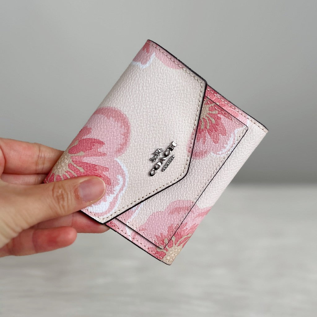 Coach Blush Pink Leather Floral Tri-Fold Multi-Compartment Short Wallet Like New