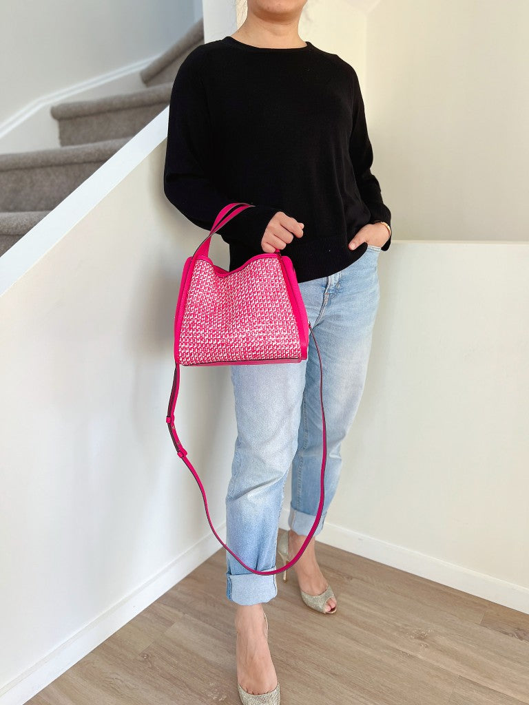 Kate Spade Fuchsia Leather Woven Triple Compartment 2 Way Shoulder Bag Like New