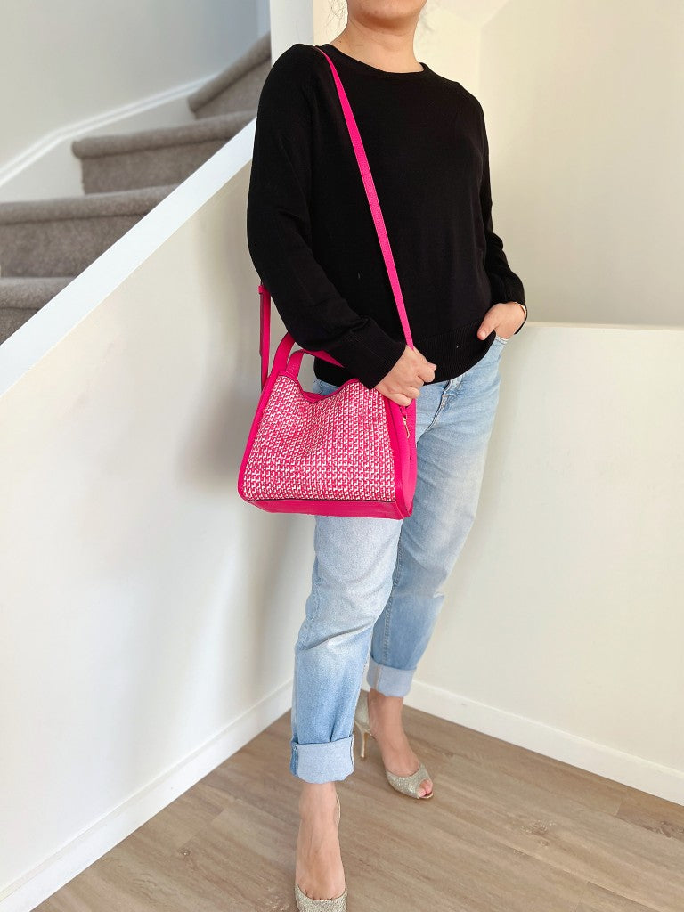 Kate Spade Fuchsia Leather Woven Triple Compartment 2 Way Shoulder Bag Like New