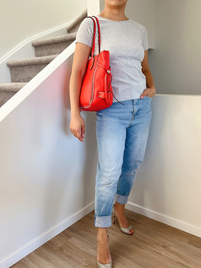 Coach Orange Red Leather Drawstring Pleated Chain Edge Detail Shoulder Bag