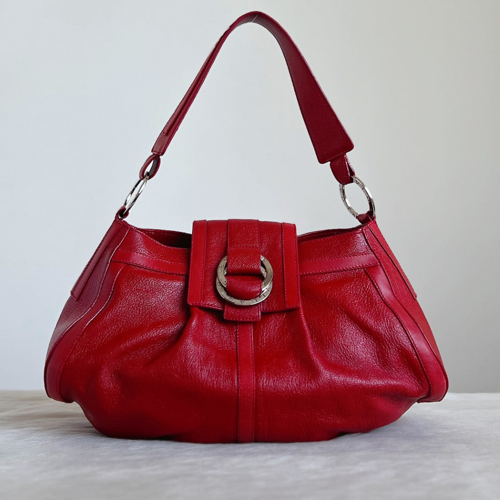 Bvlgari Red Leather Front Double Ring Detail Shoulder Bag