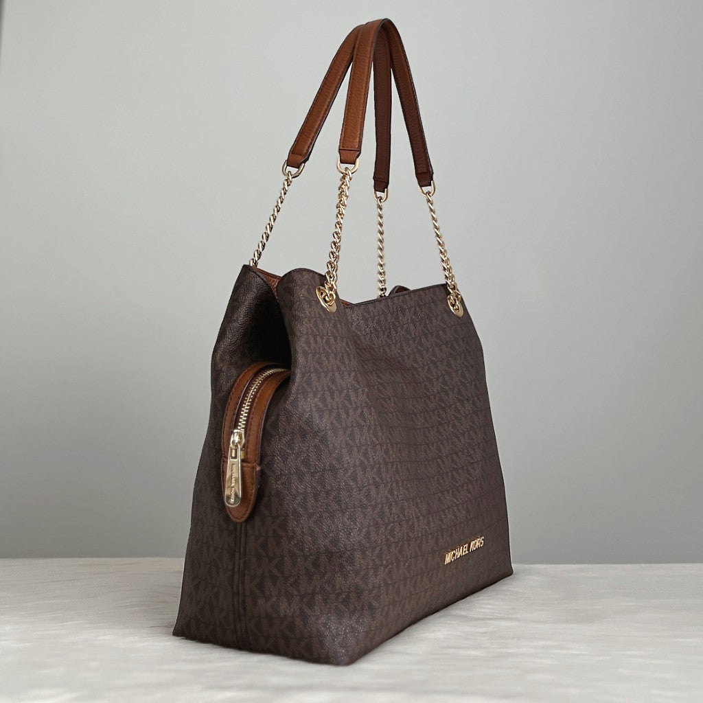 Michael Kors Caramel Leather Monogram Triple Compartment Shoulder Bag Like New