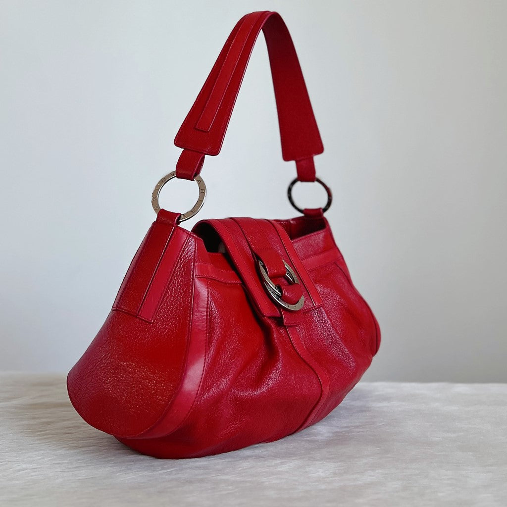 Bvlgari Red Leather Front Double Ring Detail Shoulder Bag