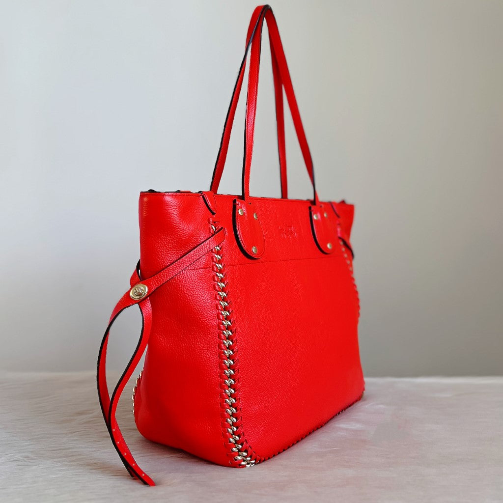Coach Orange Red Leather Drawstring Pleated Chain Edge Detail Shoulder Bag