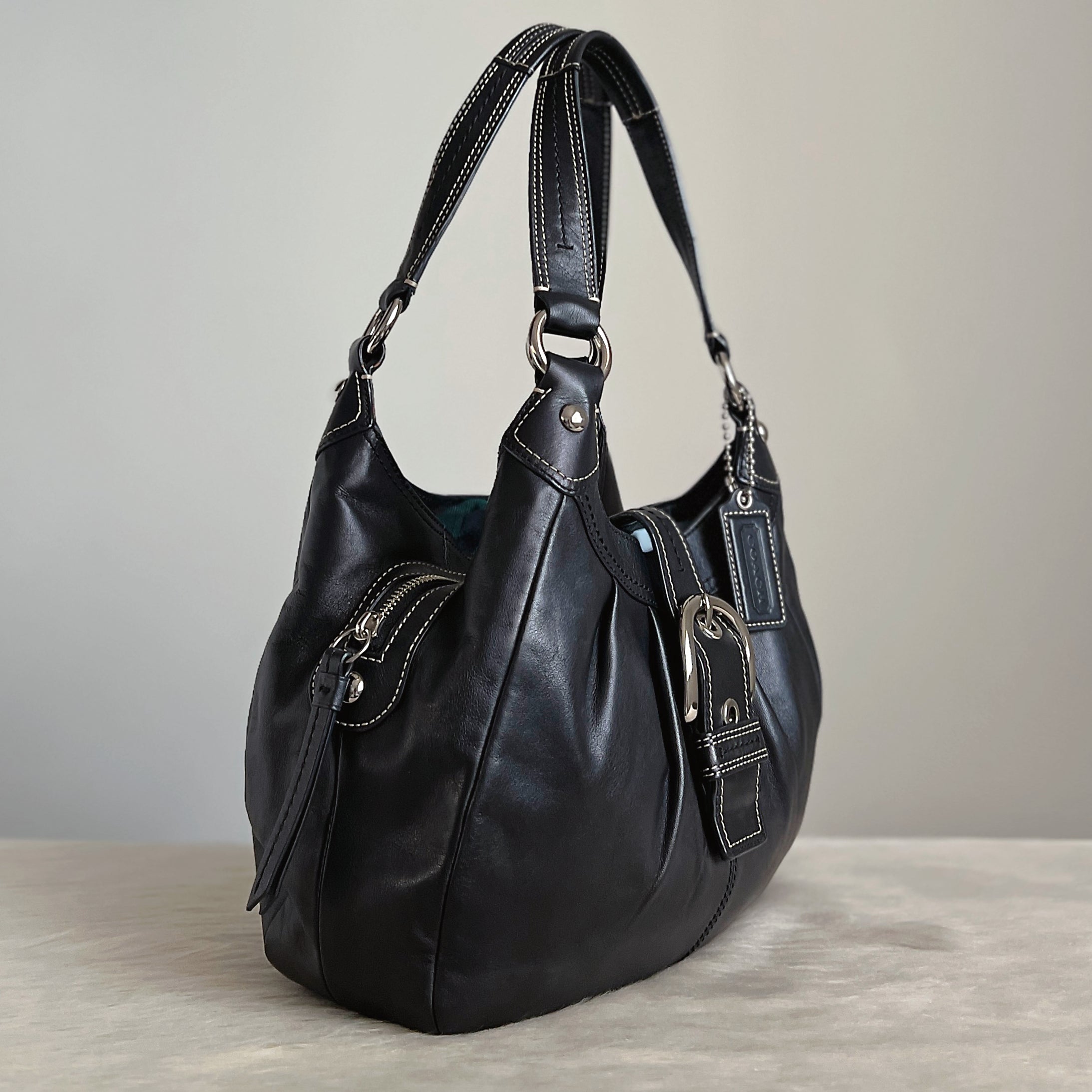 Coach Black Leather Front Buckle Triple Compartment Shoulder Bag Excellent