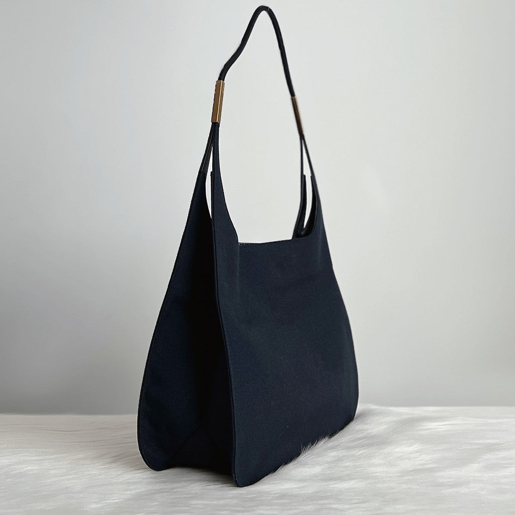 Gucci Dark Navy Canvas Gold Detail Shoulder Bag Excellent